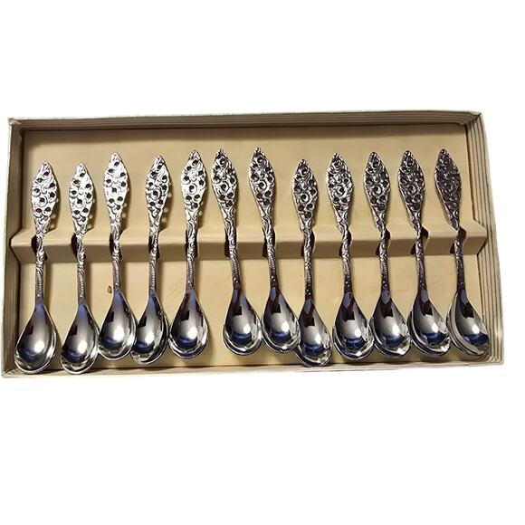 Boxed set of 12 vintage Elwezetta chrome-plated Coffee or eggnog spoons - Picture 1 of 5